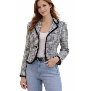 Anne Klein New York Black & White Tweed Fringe Trim Jacket Size 8